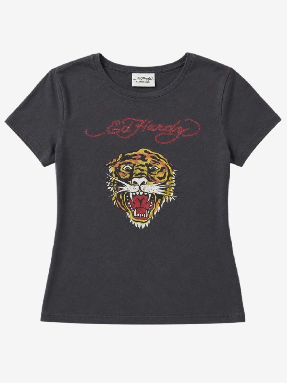 Ed Hardy Black Tee with Red Script and Yellow Tiger Graphic